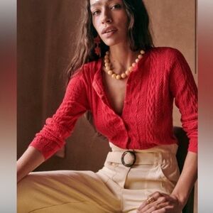 Sezane Ruben Cardigan Medium Cherry Red Fancy Knit 100% Organic Cotton